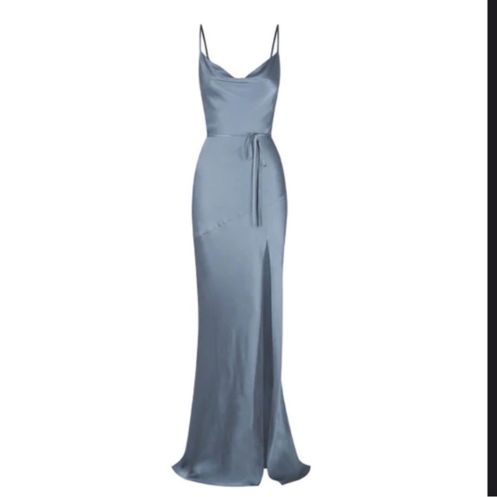Shona Joy Slate Blue Formal Floor Length Dress Cowl Neck